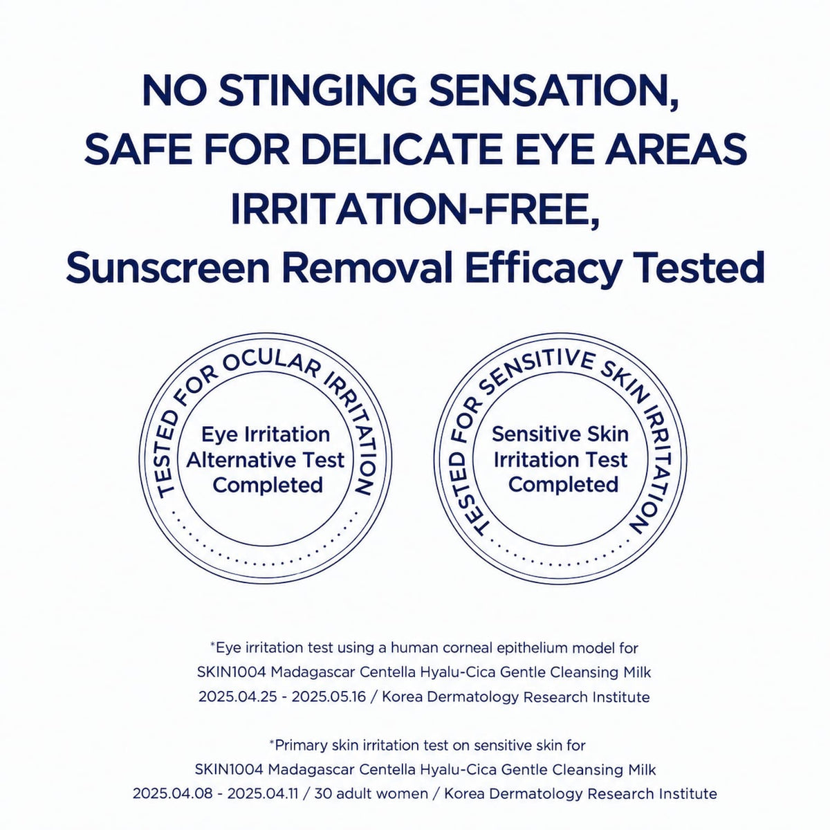 Safety and irritation test results for SKIN1004 Madagascar Centella Hyalu-Cica Gentle Cleansing Milk proving no stinging, safety for delicate eye areas, and sunscreen removal efficacy