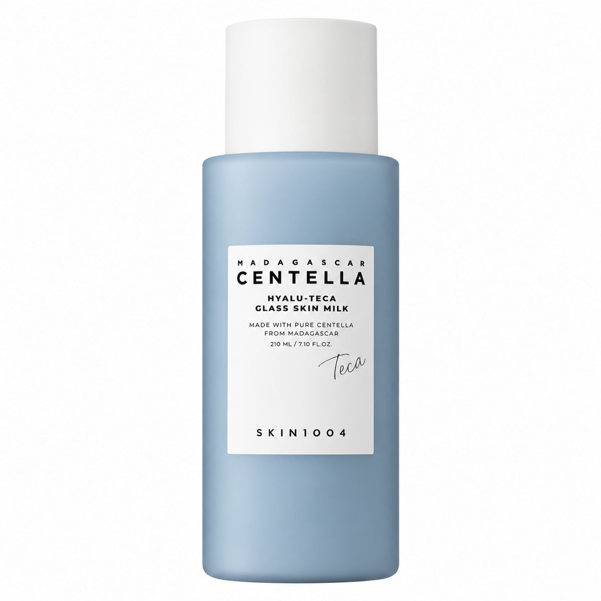 SKIN1004 Madagascar Centella Hyalu-Teca Glass Skin Milk 210ml in a light blue bottle with a white cap and white label, shot against a plain white background.