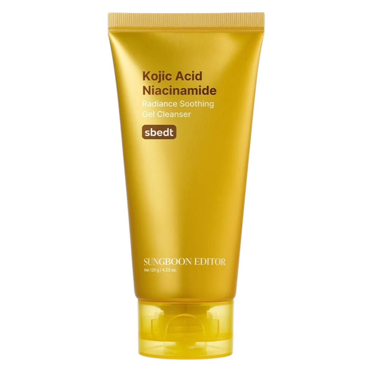 A gold squeeze tube of SUNGBOON EDITOR Kojic Acid Niacinamide Radiance Soothing Gel Cleanser 120g, shown against a plain white background.