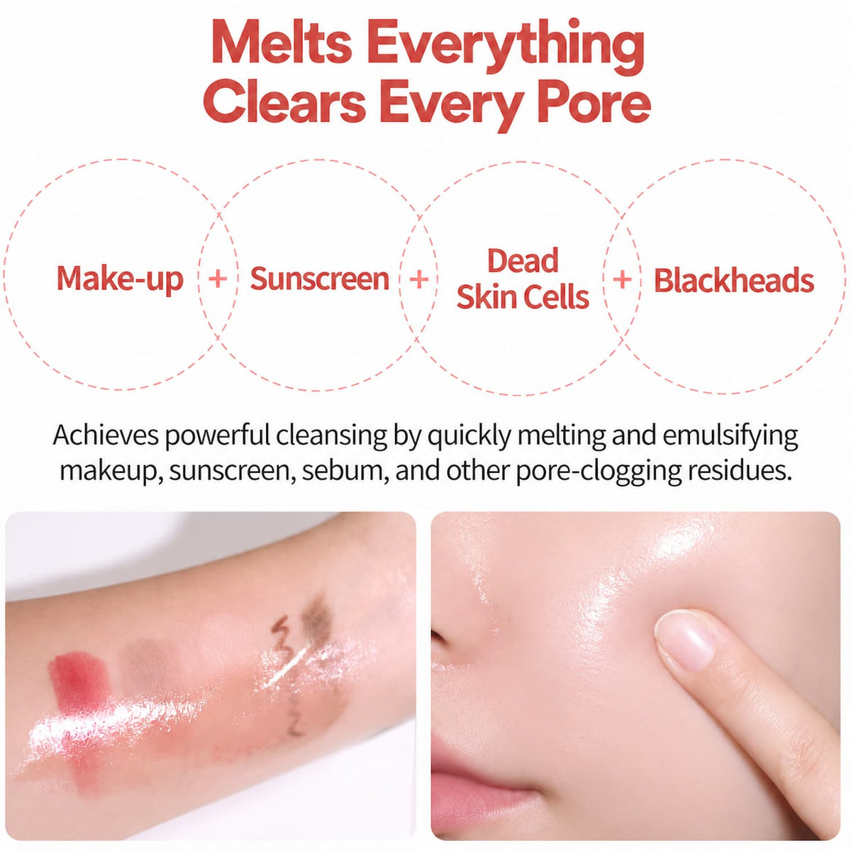 Promotional graphic for TOCOBO Calamine Pore Control Cleansing Oil with the headline 'Melts Everything Clears Every Pore' in red text. The design includes three overlapping circles labelled 'Make-up', 'Sunscreen', and 'Dead Skin Cells' plus 'Blackheads', with a paragraph below describing cleansing action.