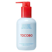 A bottle of TOCOBO Calamine Pore Control Cleansing Oil 200ml with a red pump dispenser and a frosted light blue bottle, shown on a plain white background.