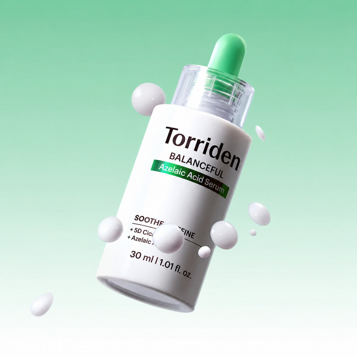 Torriden Balanceful Azelaic Acid Serum in a 30 ml white bottle with a green dropper cap, floating against a soft green gradient background with floating white droplets.