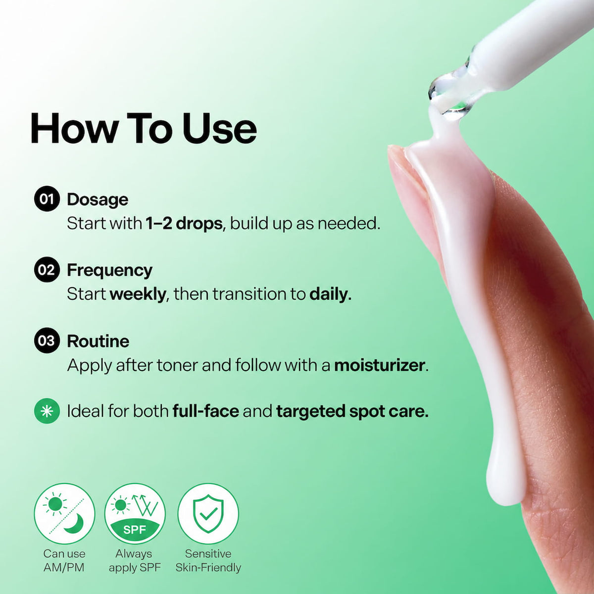 How-to-use graphic for TORRIDEN Balanceful Azelaic Acid Serum, showing a hand holding a white applicator with white liquid being dispensed. Text lists dosage, frequency, and routine steps, with icons indicating AM/PM use, SPF applicability, and sensitive skin friendliness on a light green background.