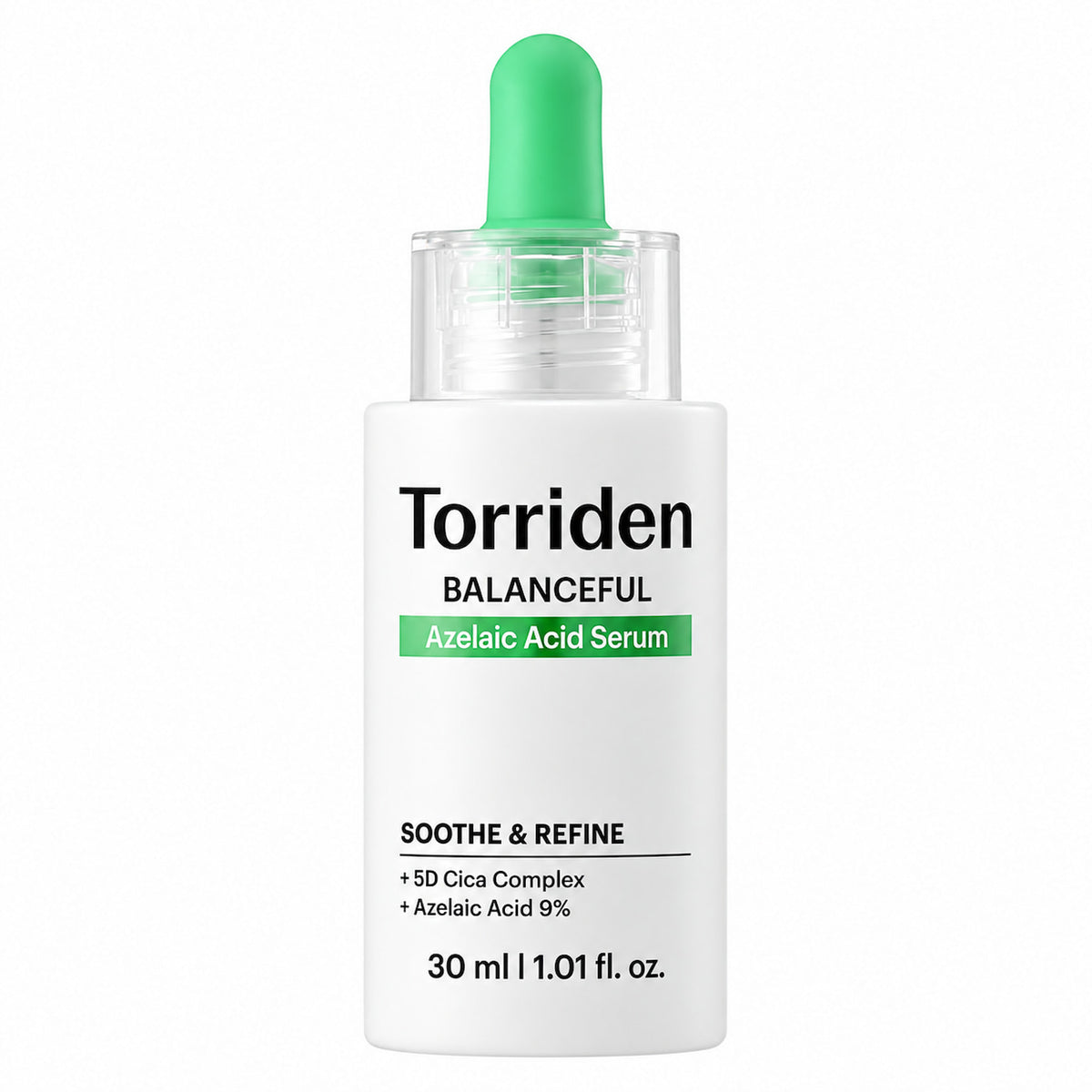 Torriden Balanceful Azelaic Acid Serum in a white bottle with a green dropper cap, shown on a plain white background.