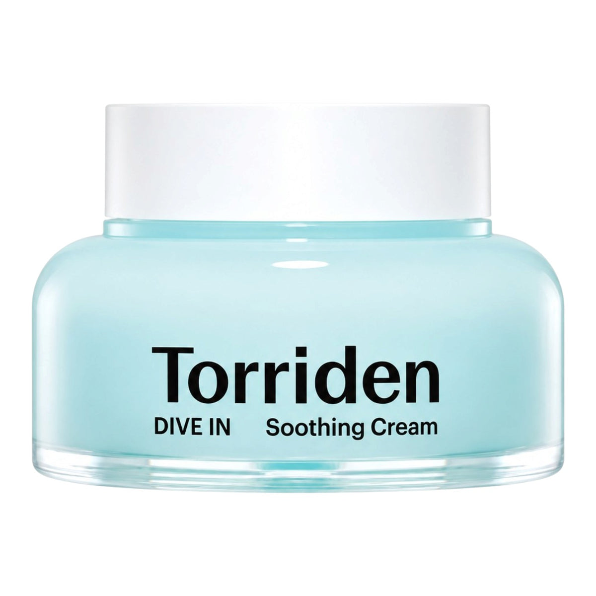 A light blue glass jar of Torriden Dive In Soothing Cream with a white lid, set against a plain white background.