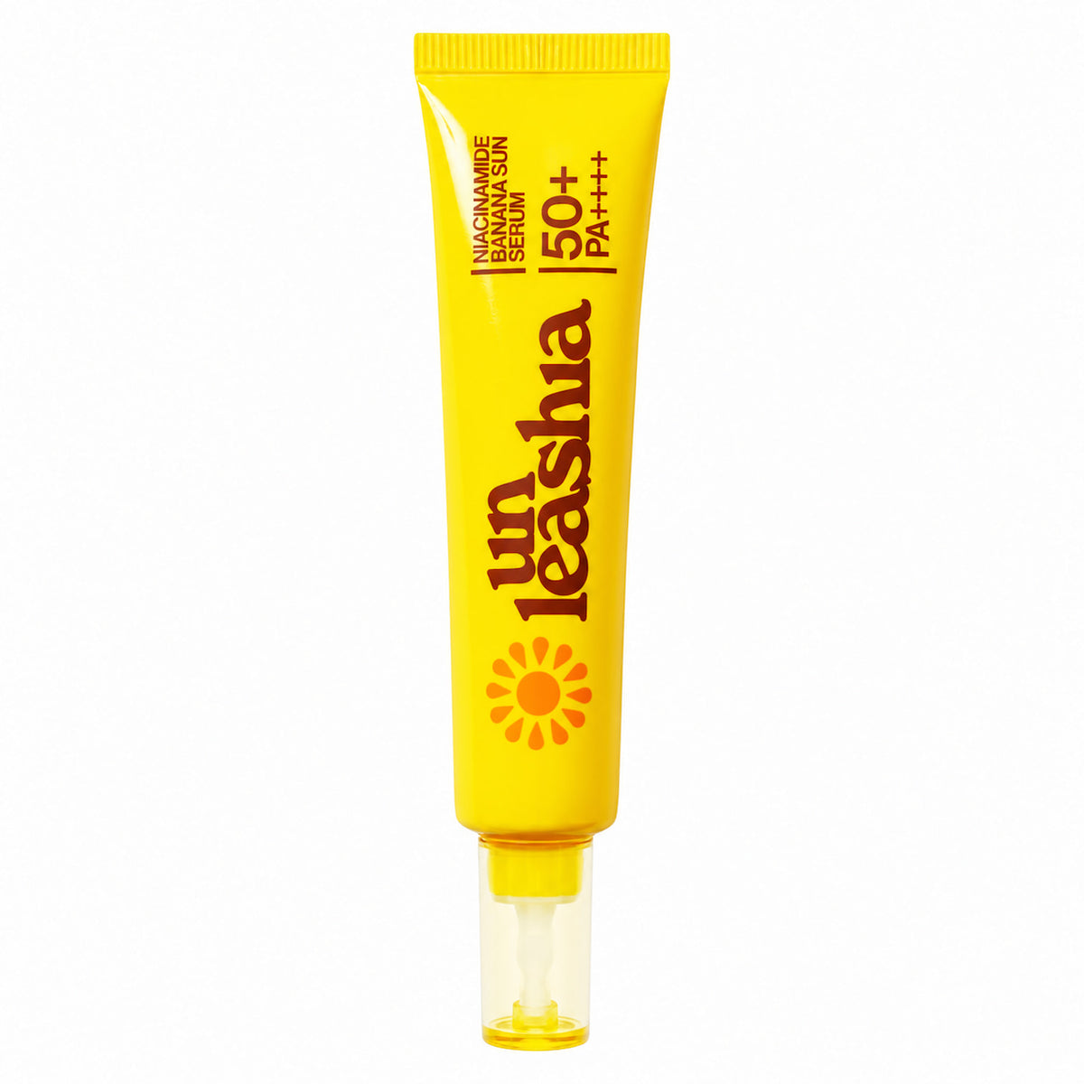 A yellow squeeze tube of UNLEASHIA Niacinamide Banana Sun Serum with orange and black text, featuring a clear cap, set against a plain white background.