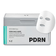 VT PDRN Daily Mask packaging box in white and gray with a turquoise accent strip, alongside a white sheet mask illustration on a white background.