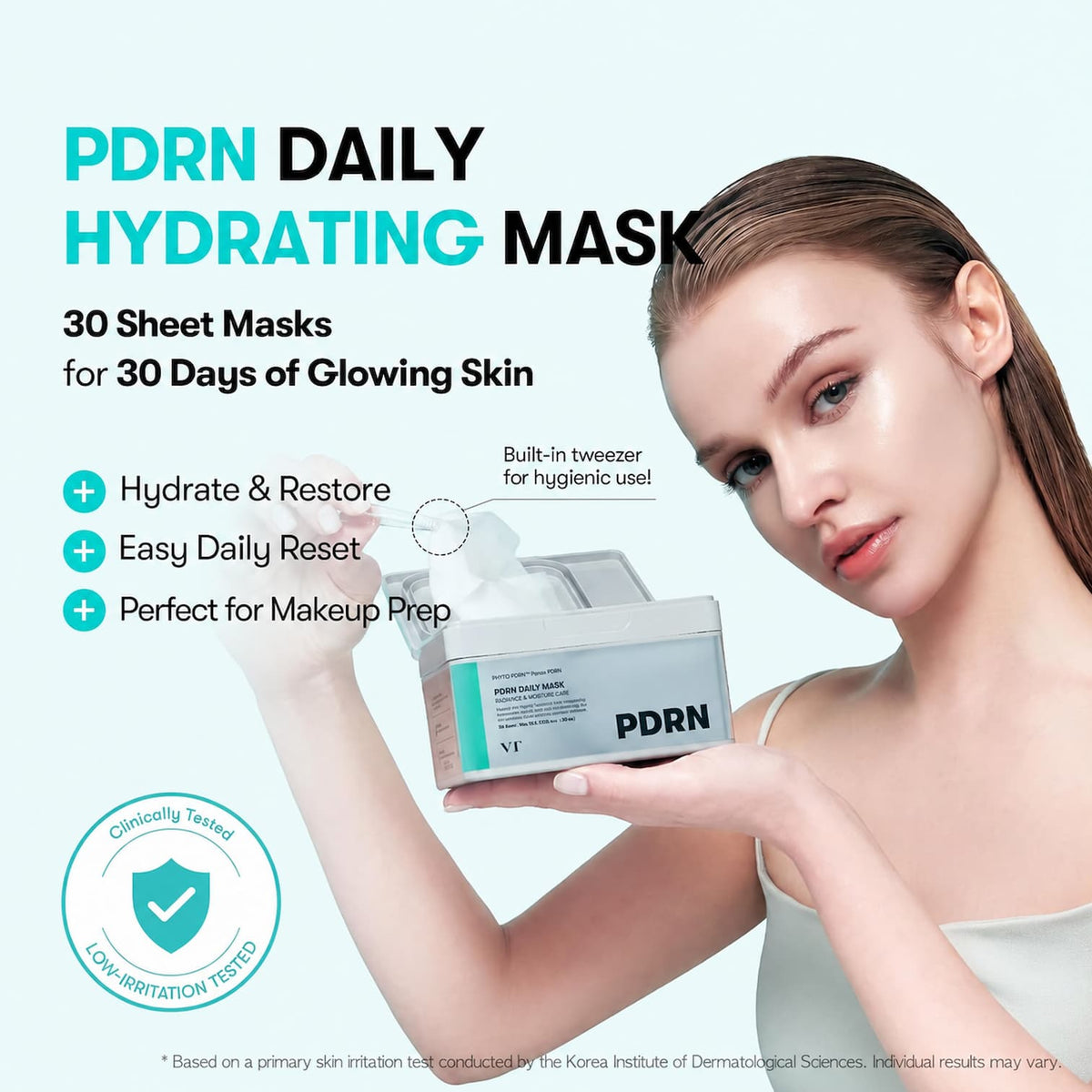 A woman holds a VT PDRN Daily Hydrating Mask container against a light blue background with promotional text. The ad highlights 30 sheet masks for 30 days of glowing skin, with bullet points about hydration, daily reset ease, and makeup preparation.