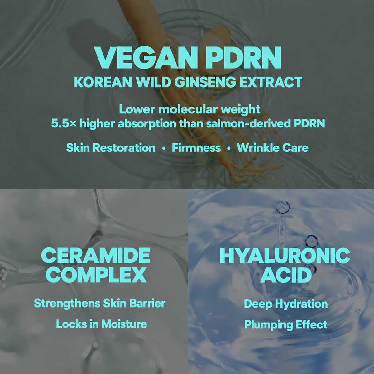 A promotional graphic for a vegan PDRN Korean wild ginseng extract skincare serum, showing three text panels over water imagery: VEGAN PDRN benefits, CERAMIDE COMPLEX benefits, and HYALURONIC ACID benefits.