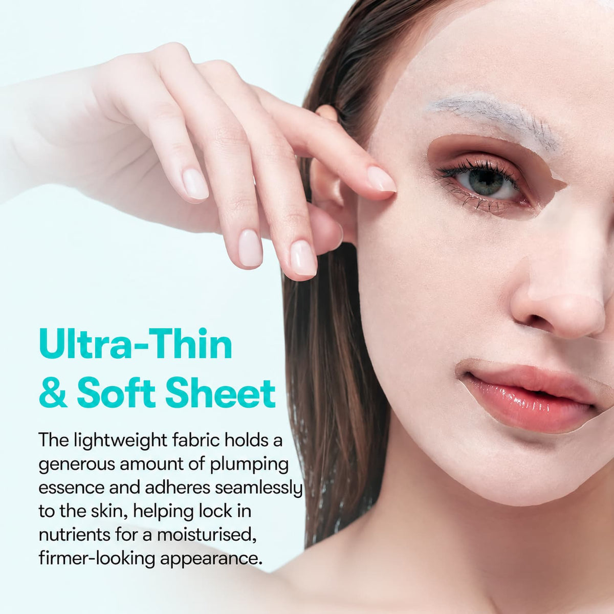 Close-up of a woman's face with a translucent sheet mask applied, showing her hand touching her cheek. Text on the left reads 'Ultra-Thin & Soft Sheet' with descriptive copy about the lightweight fabric holding plumping essence.