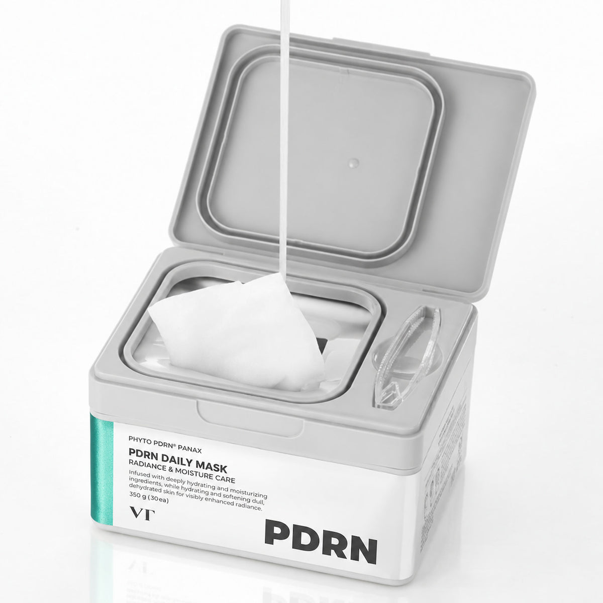 A white and gray VT PDRN Daily Mask container with its lid open, showing a white mask sheet being pulled from inside, on a light gray background.