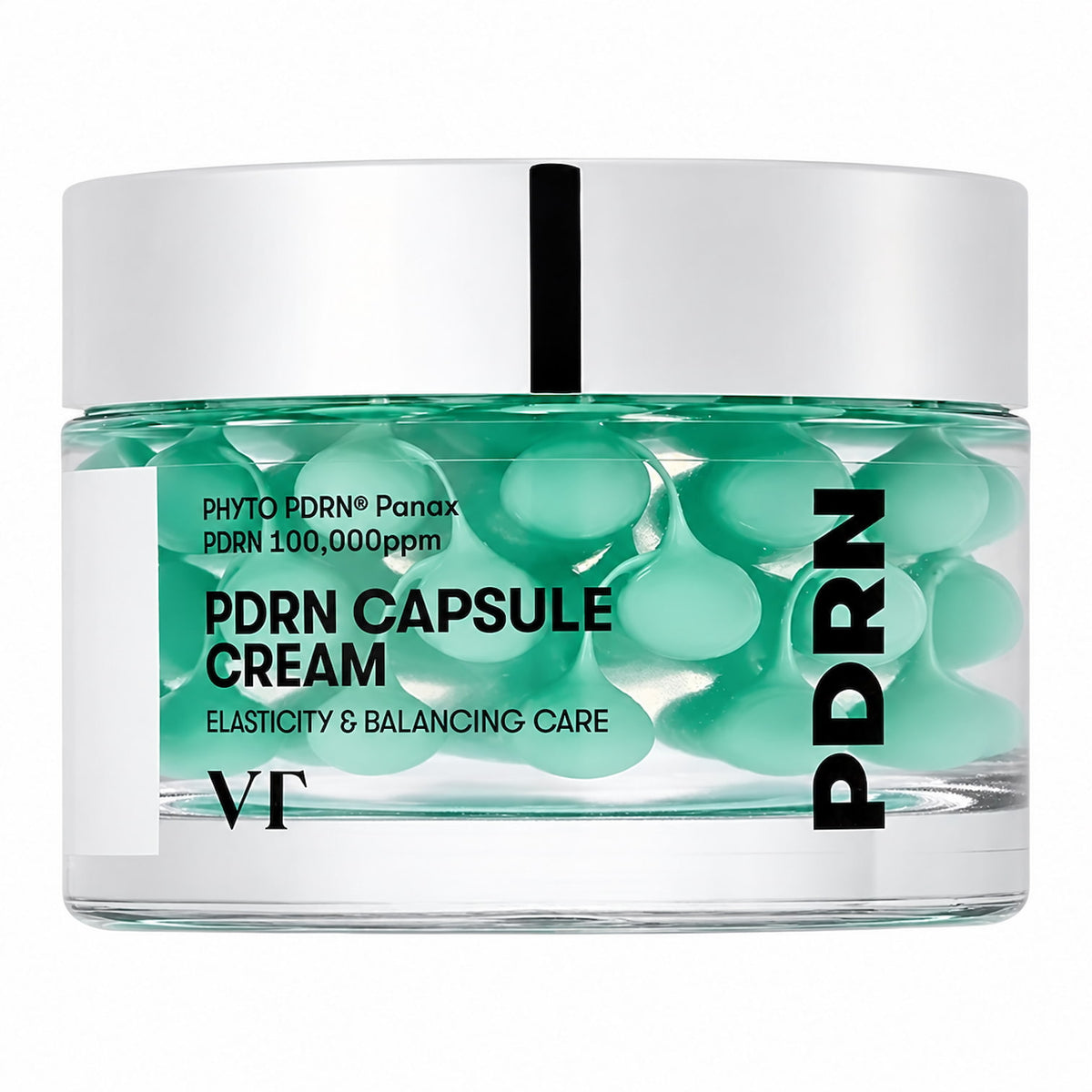 A clear cosmetic jar of VT Cosmetics PDRN Capsule Cream 100 50ml with a silver lid and a transparent front showing mint-green capsules inside, on a white background.