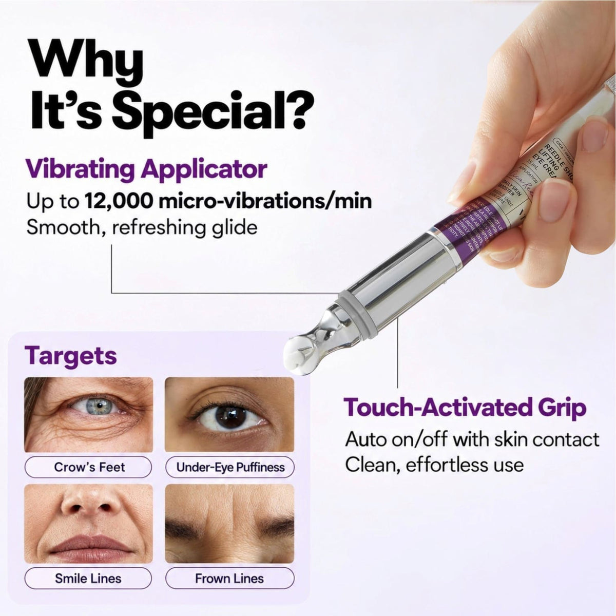 A hand holds a silver and purple VT Cosmetics Reedle Shot Lifting Eye Cream against a light background, with marketing text explaining its vibrating applicator, touch-activated grip, and targets for crow's feet, under-eye puffiness, smile lines, and frown lines.
