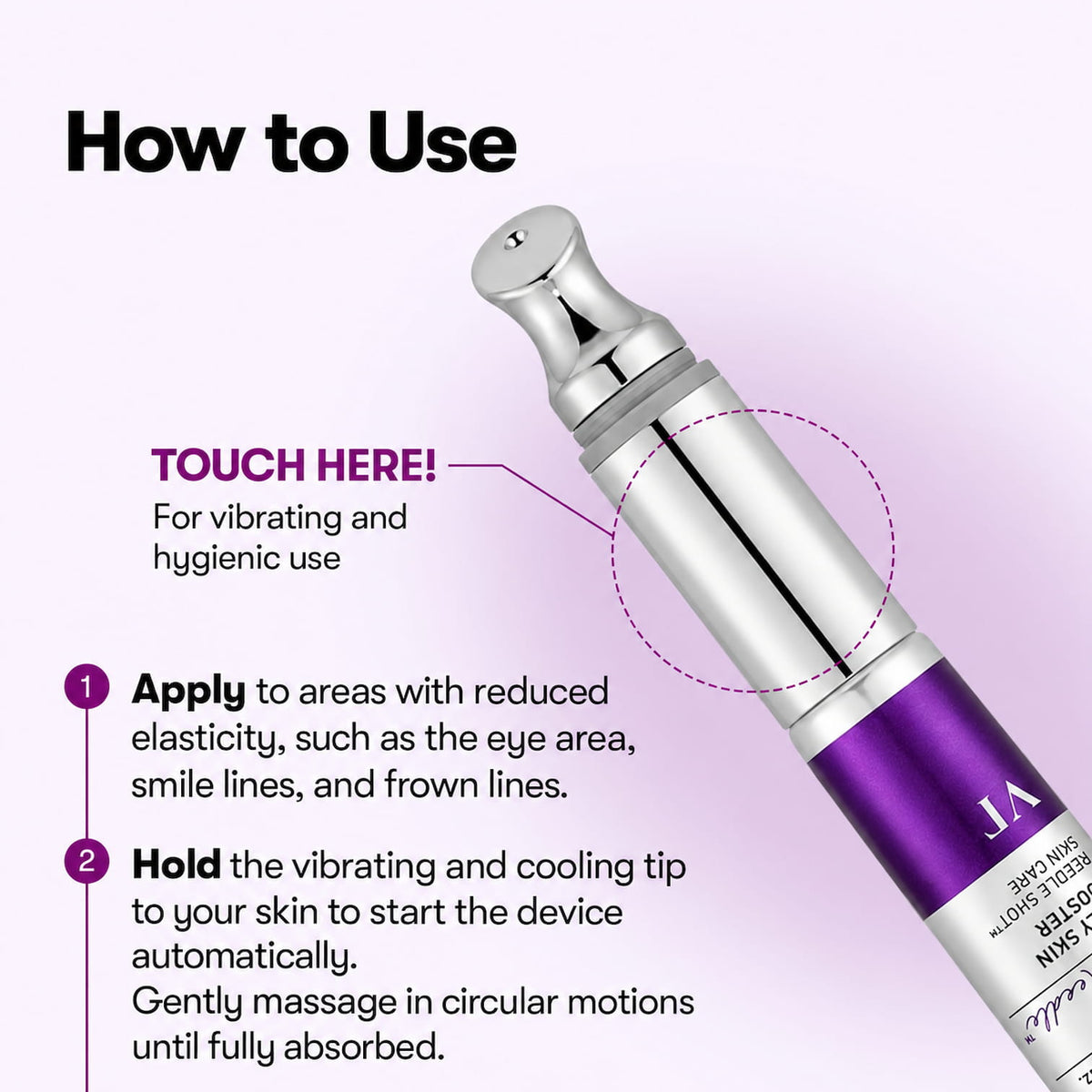 Instruction graphic showing how to use VT Cosmetics Reedle Shot Lifting Eye Cream vibrating device, with text instructions on how to apply and massage the vibrating tip on the skin.