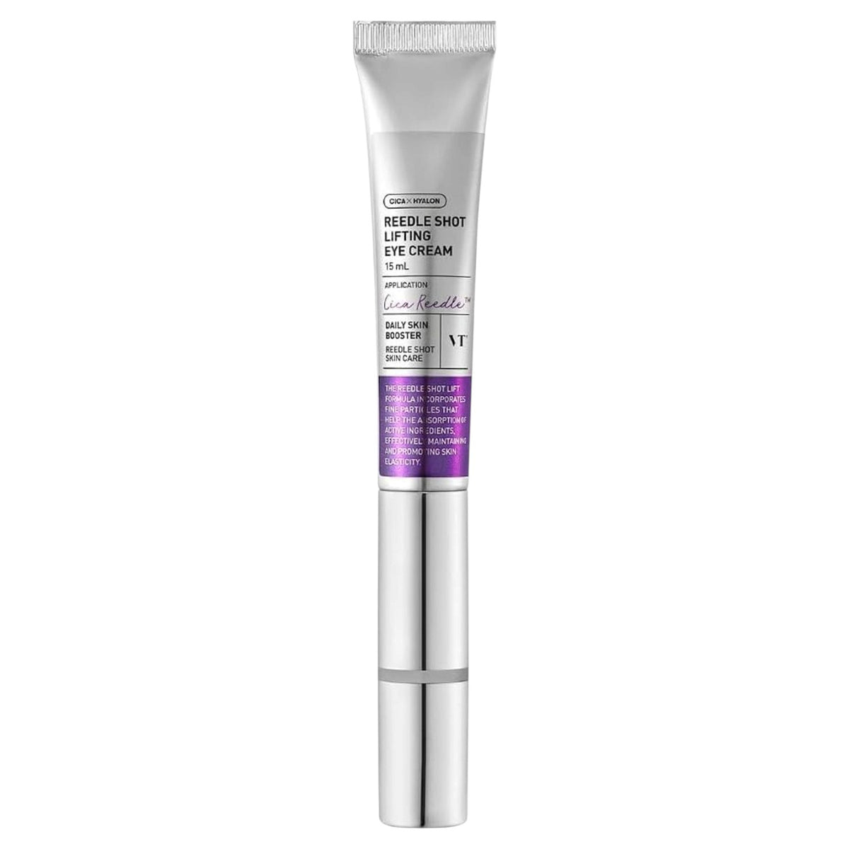 Skincare tube labeled VT Cosmetics Reedle Shot Lifting Eye Cream 15ml on a white background