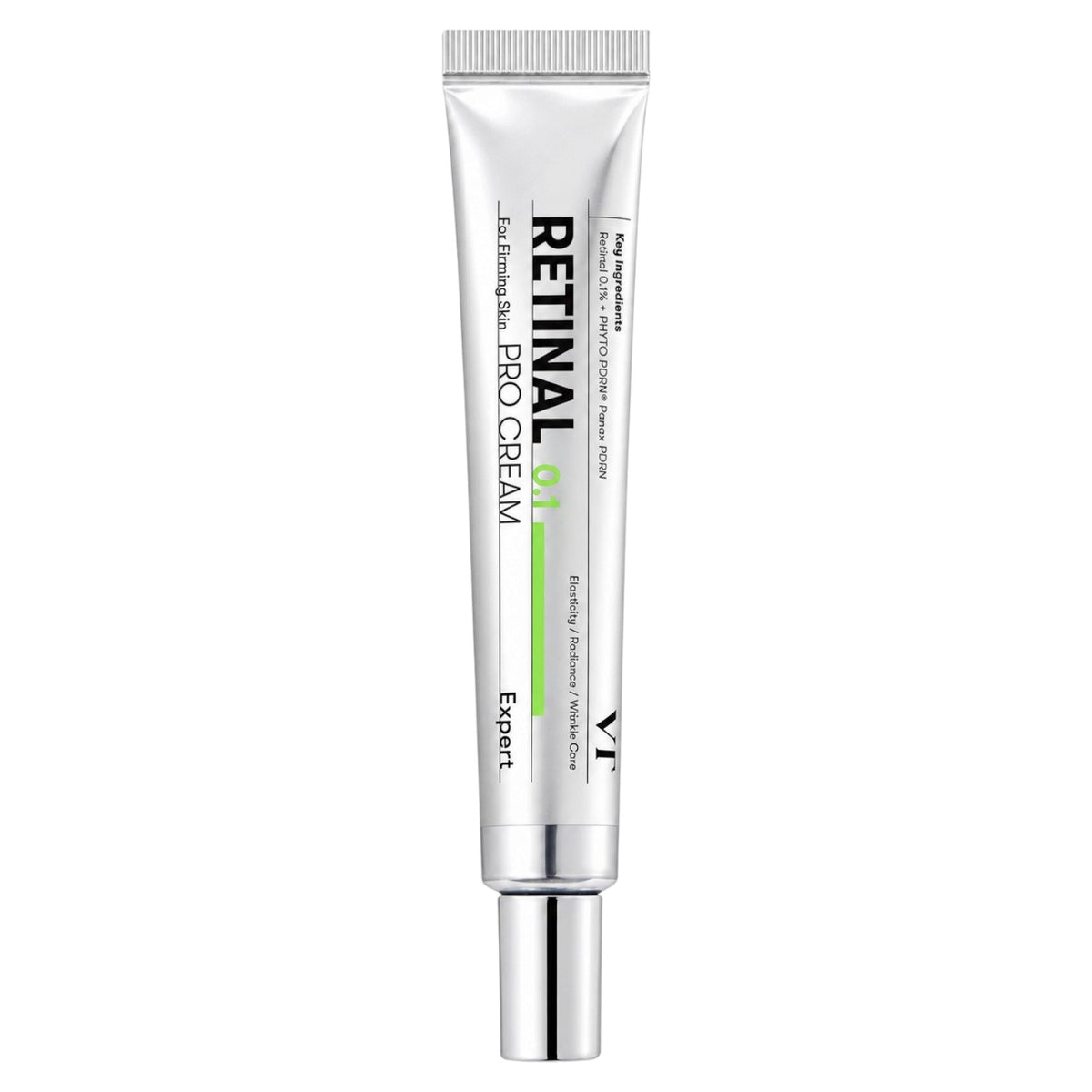 A silver squeeze tube of VT Cosmetics Retinal Pro Cream 0.1 20ml for firming skin, featuring black and green text on a clean white background.