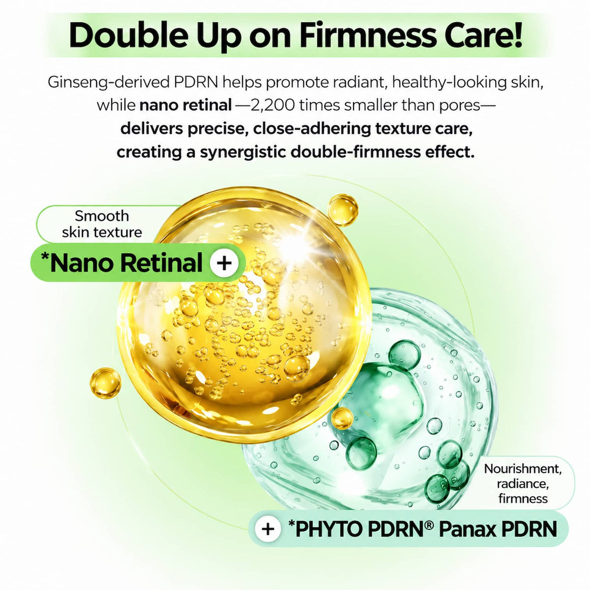 Promotional graphic for skincare firmness care with text about PDRN and nano retinal, plus two large translucent oil droplets on a white background with a pale green tint.