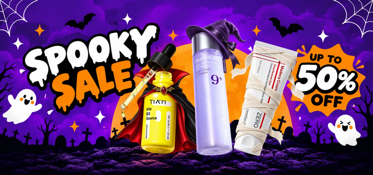 BelluBeauty Halloween Spooky Sale desktop banner offering up to 50% off Korean skincare, featuring TIAM Vita B3 Source, numbuzin No.9 Toner and Centellian24 Madeca Cream.