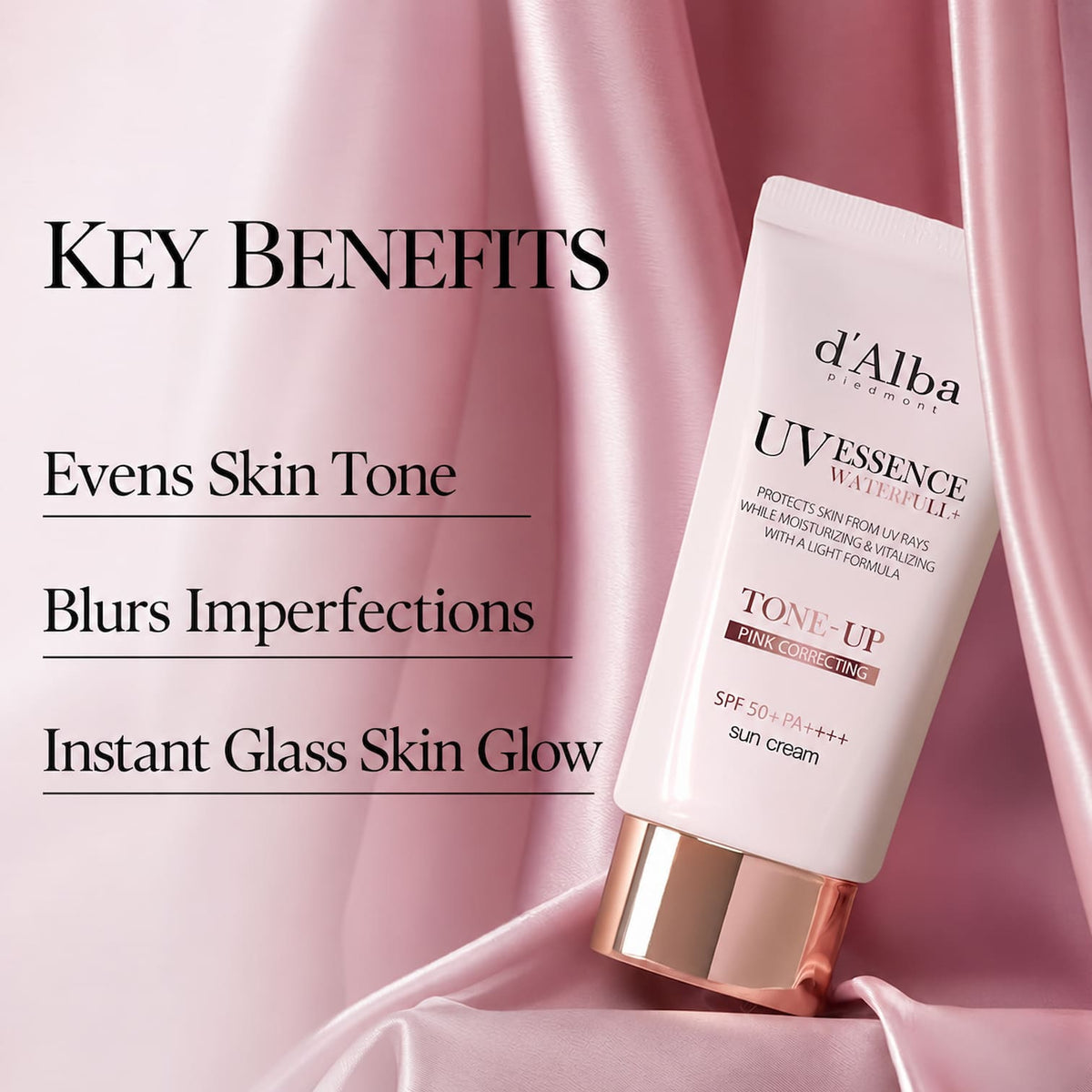 A tube of d'Alba UV ESSENCE WATERFULL Tone-Up Sun Cream SPF 50+ is displayed on a pink satin fabric background with text highlighting key benefits.