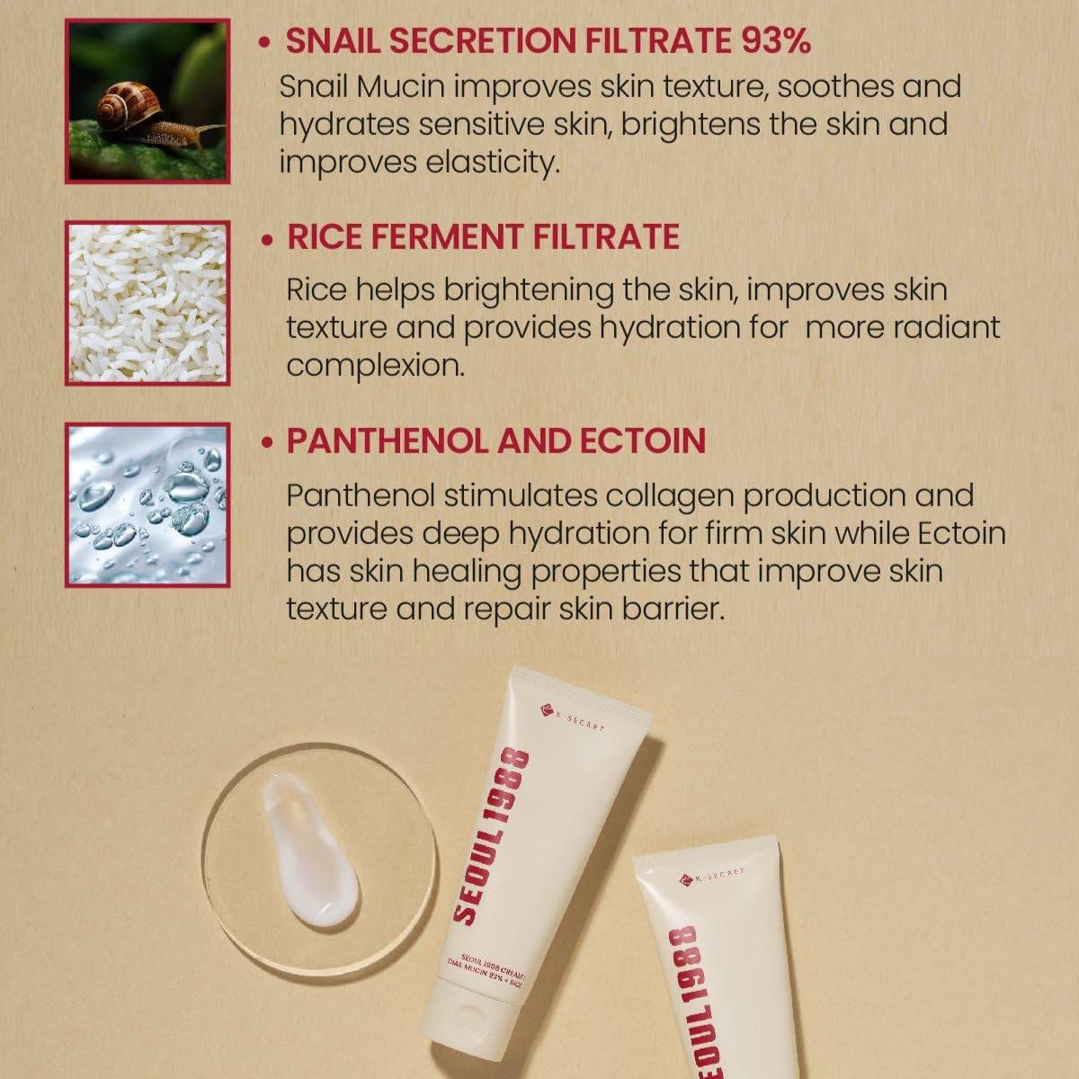 KSECRET Seoul 1988 Cream Snail Mucin 93% + Rice 100ml - BelluBeauty
