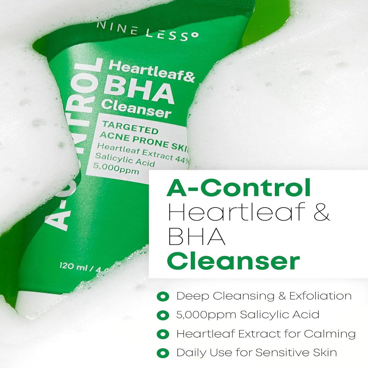 NINELESS A-Control Heartleaf & BHA Cleanser 120ml - BelluBeauty