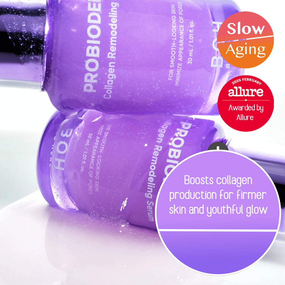 Two bottles of BOH Probioderm Collagen Remodeling Serum with a vibrant purple design, featuring visible microbeads, Allure 2025 award badge, and text highlighting its collagen-boosting and anti-aging benefits for firmer, glowing skin.