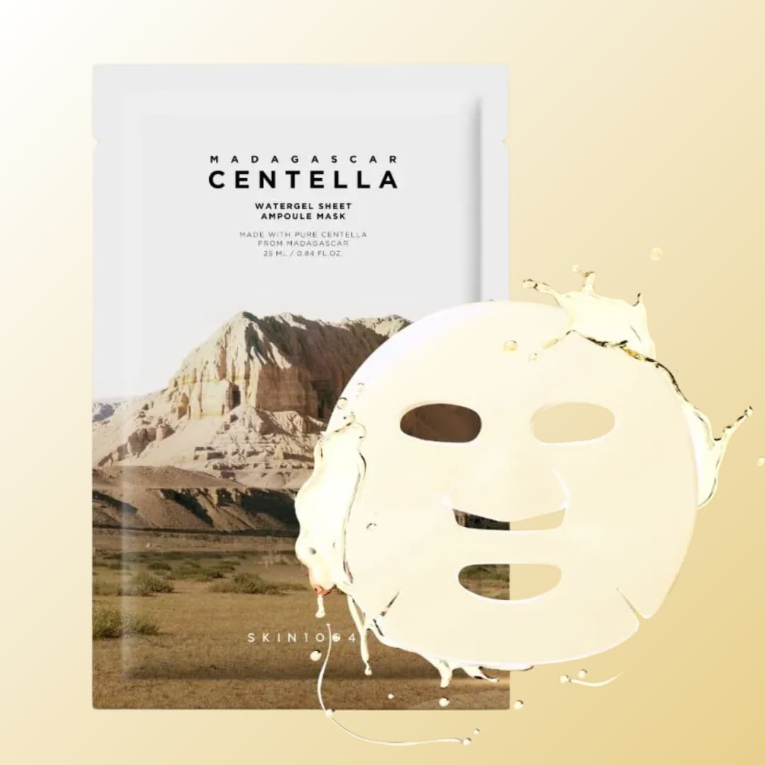 skin1004 Centella watergel ampoule face mask on yellow background